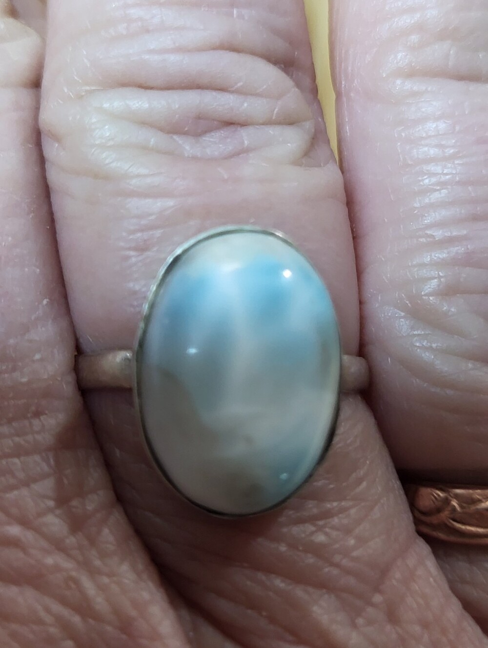 Rare Stone- 925 Sterling Silver Larimar Oval Ring - Blue White Stone Sz 8